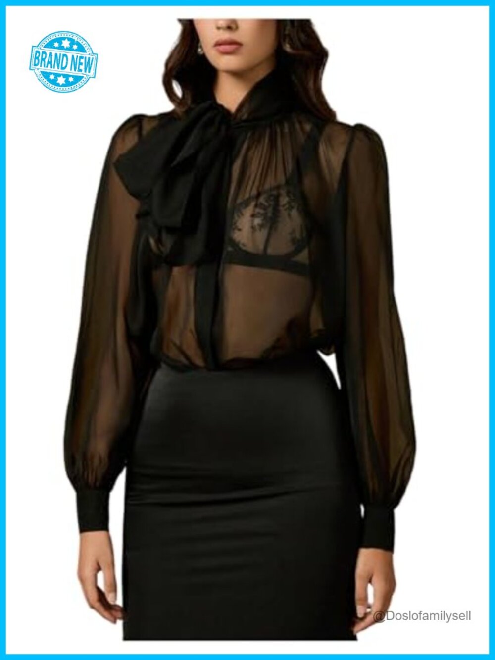 Mesh Sheer Blouse Bow Tie Neck Bishop Sleeve Chiffon Top